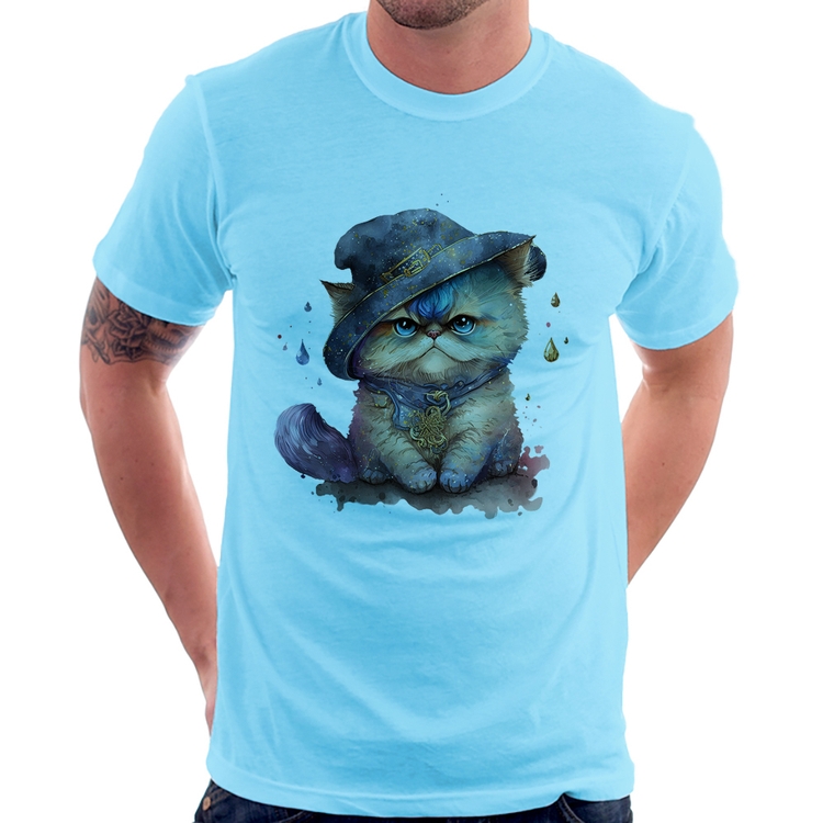 Camiseta Gato Persa Watercolor  - Azul Bebê