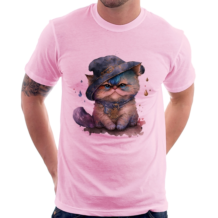 Camiseta Gato Persa Watercolor  - Rosa Bebê