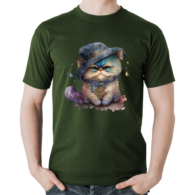 Camiseta Algodão Gato Persa Watercolor  - Musgo