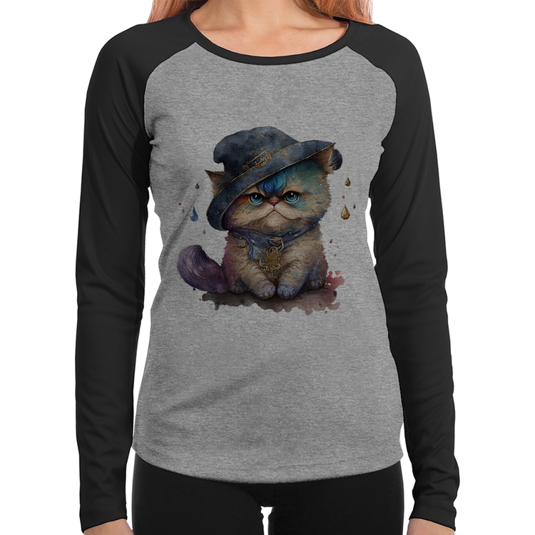 Baby Look Raglan Gato Persa Watercolor  Manga Longa - Cinza/Preto