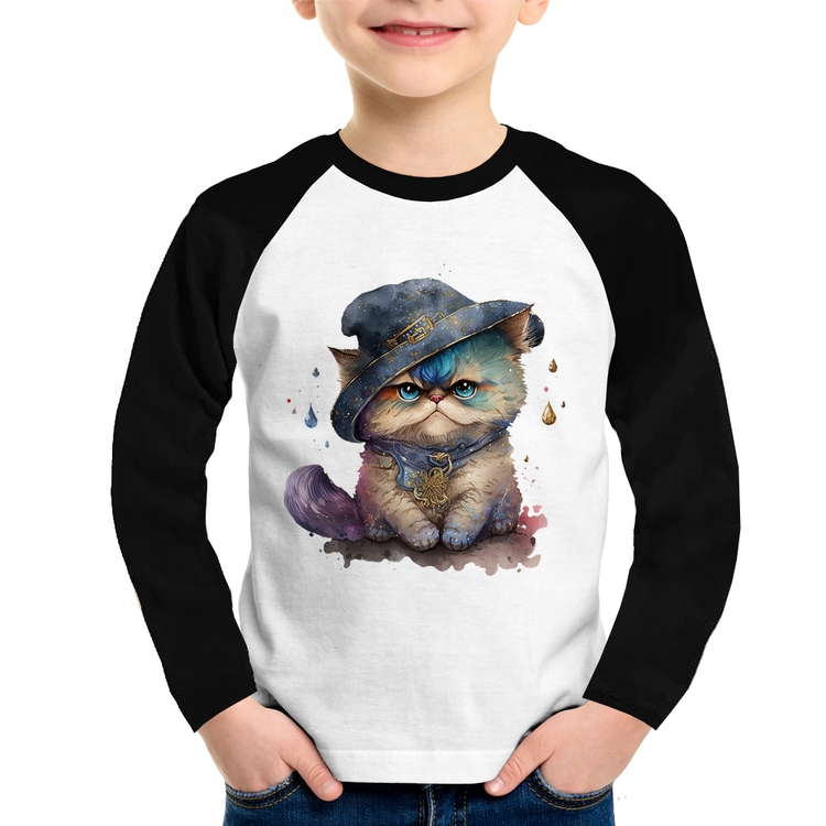 Camiseta Raglan Infantil Gato Persa Watercolor  Manga Longa