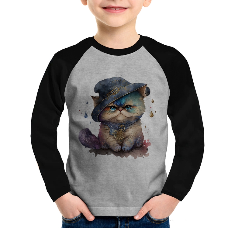 Camiseta Raglan Infantil Gato Persa Watercolor  Manga Longa - Cinza/Preto