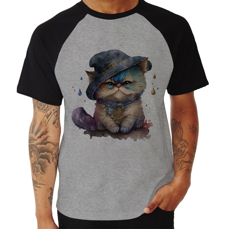 Camiseta Raglan Gato Persa Watercolor  - Cinza/Preto