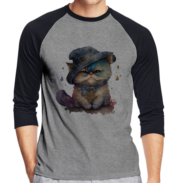 Camiseta Raglan Gato Persa Watercolor  Manga 3/4 - Cinza/Preto