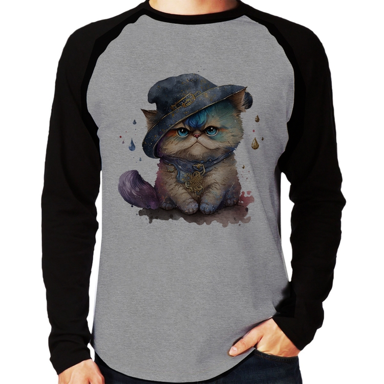 Camiseta Raglan Gato Persa Watercolor  Manga Longa - Cinza/Preto