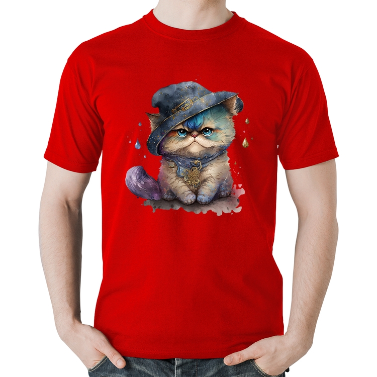 Camiseta Algodão Gato Persa Watercolor  - Vermelha