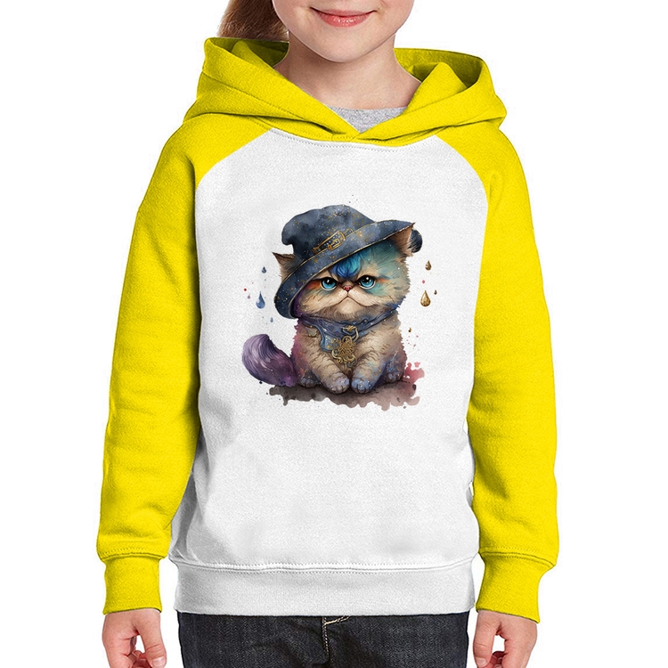 Moletom Infantil Gato Persa Watercolor  - Branco/Amarelo