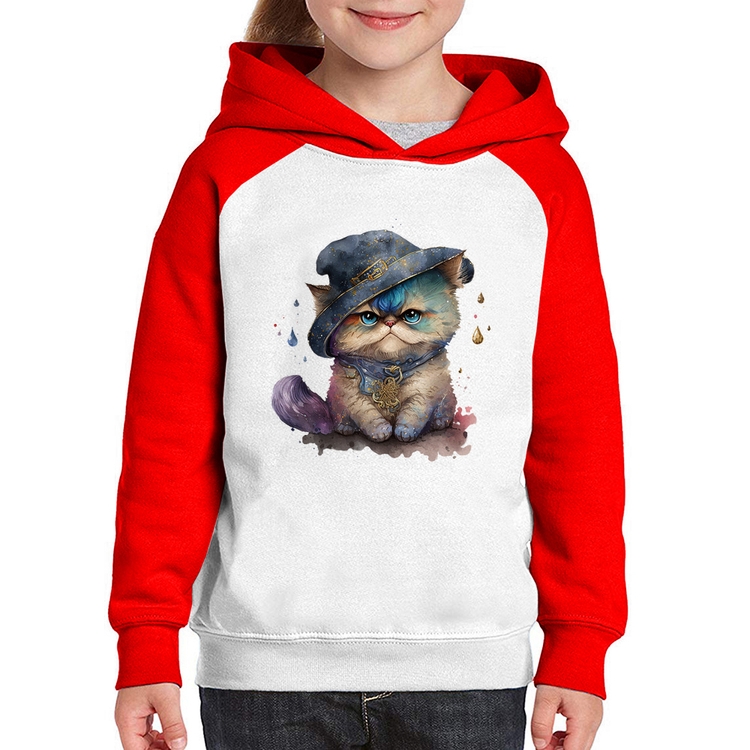 Moletom Infantil Gato Persa Watercolor  - Branco/Vermelho