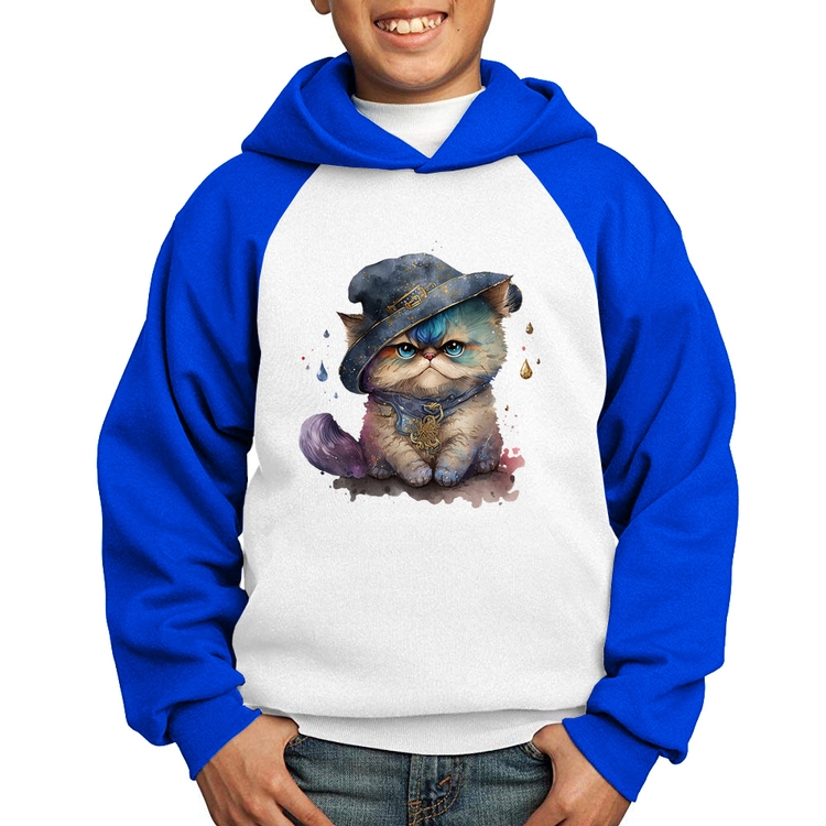 Moletom Infantil Gato Persa Watercolor  - Branco/Azul
