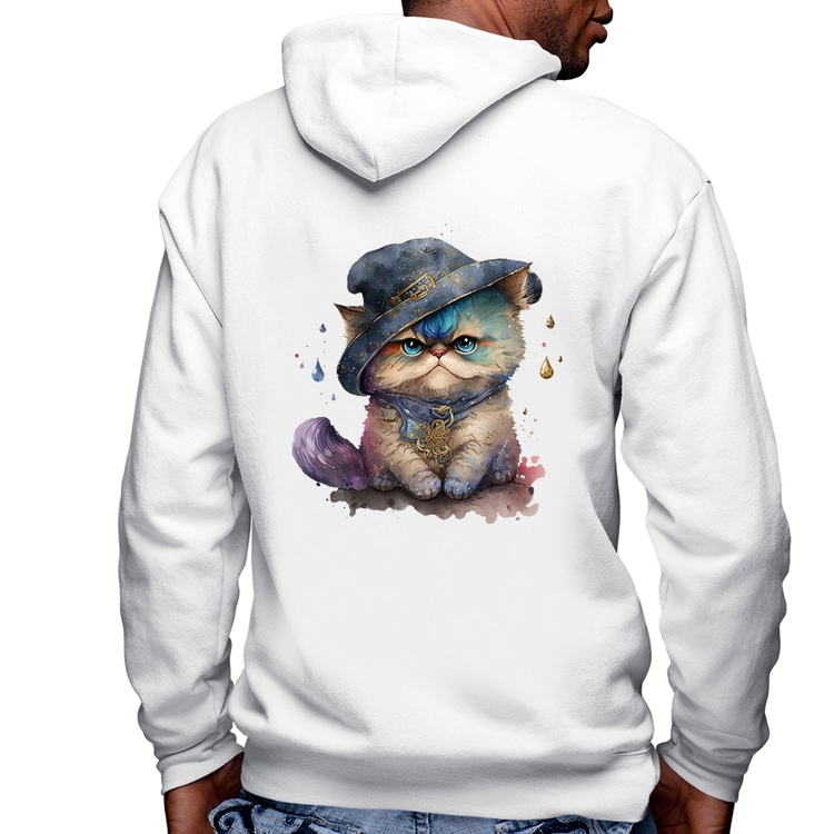 Blusa Moletom Gato Persa Watercolor  Masculina com Capuz e Zíper - Branca