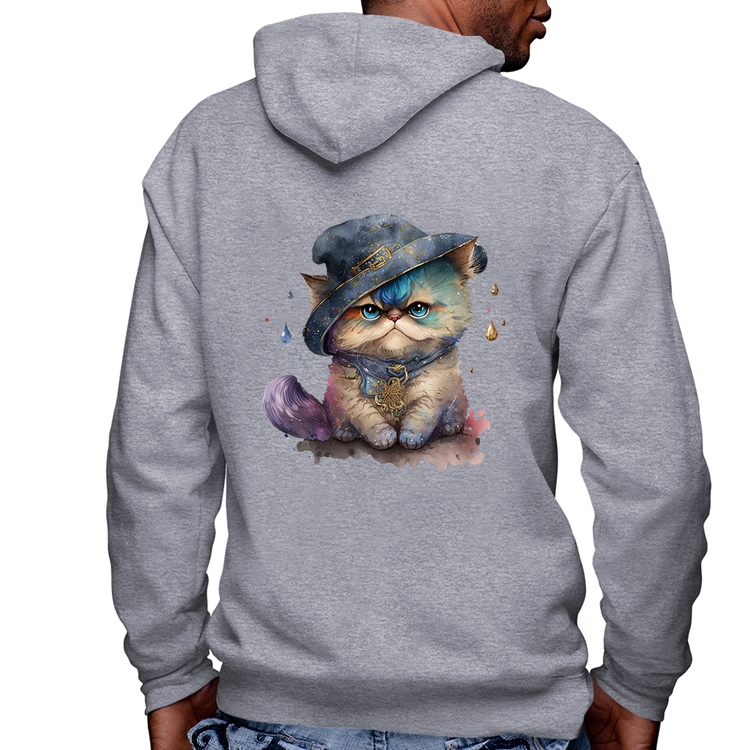 Blusa Moletom Gato Persa Watercolor  Masculina com Capuz e Zíper - Mescla
