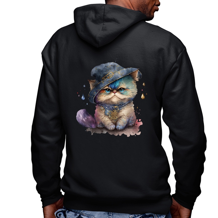 Blusa Moletom Gato Persa Watercolor  Masculina com Capuz e Zíper