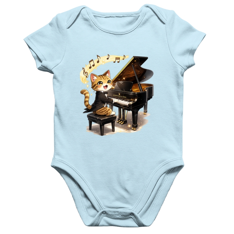 Body Bebê Algodão Gato Pianista - Orquestra Animal - Azul Bebê