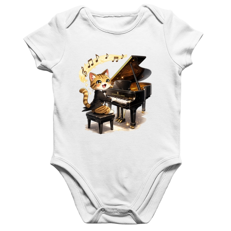 Body Bebê Algodão Gato Pianista - Orquestra Animal - Branco
