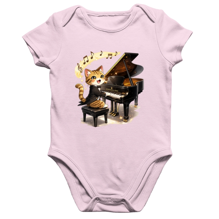 Body Bebê Algodão Gato Pianista - Orquestra Animal - Rosa Bebê