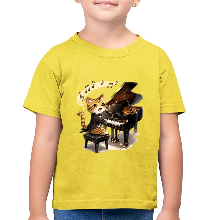 Camiseta Algodão Infantil Gato Pianista - Orquestra Animal - Amarelo Canário