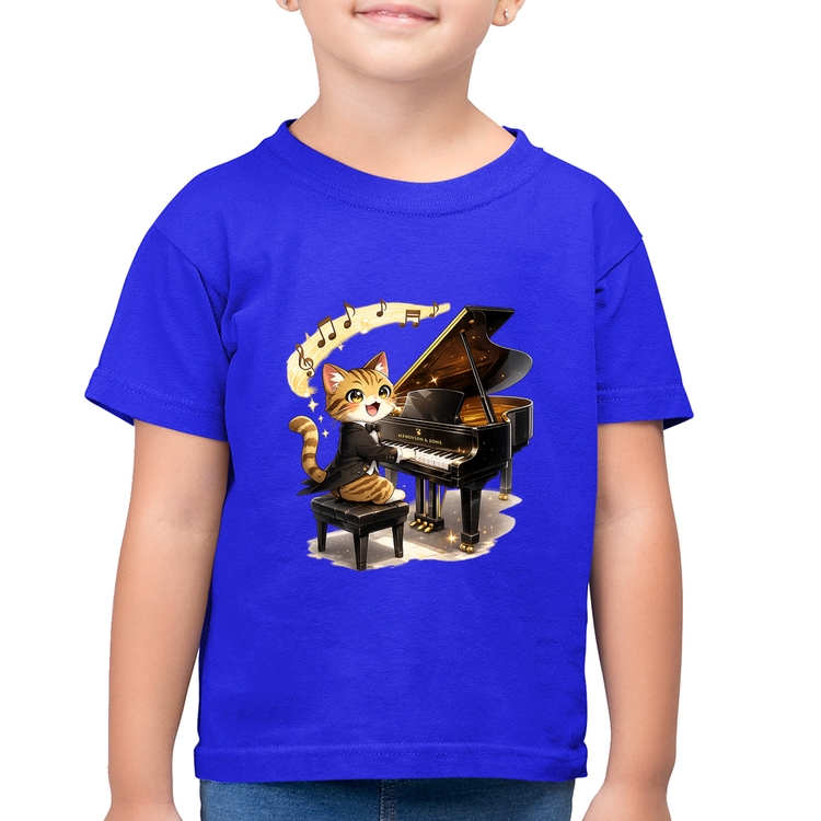 Camiseta Algodão Infantil Gato Pianista - Orquestra Animal - Azul Royal