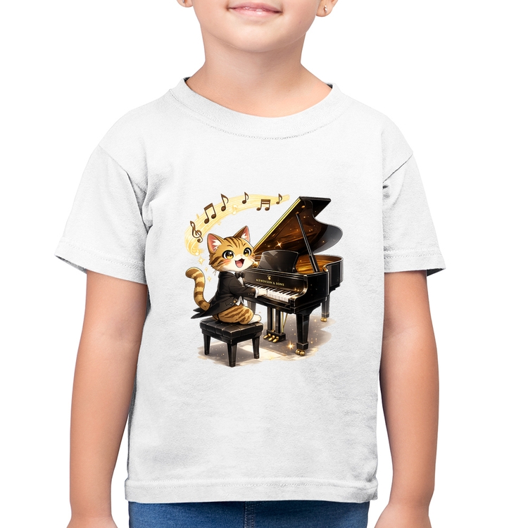Camiseta Algodão Infantil Gato Pianista - Orquestra Animal - Branca