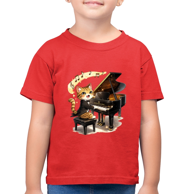 Camiseta Algodão Infantil Gato Pianista - Orquestra Animal - Vermelha