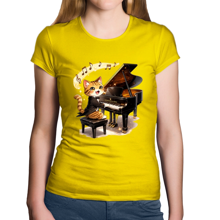 Baby Look Algodão Gato Pianista - Orquestra Animal - Amarela