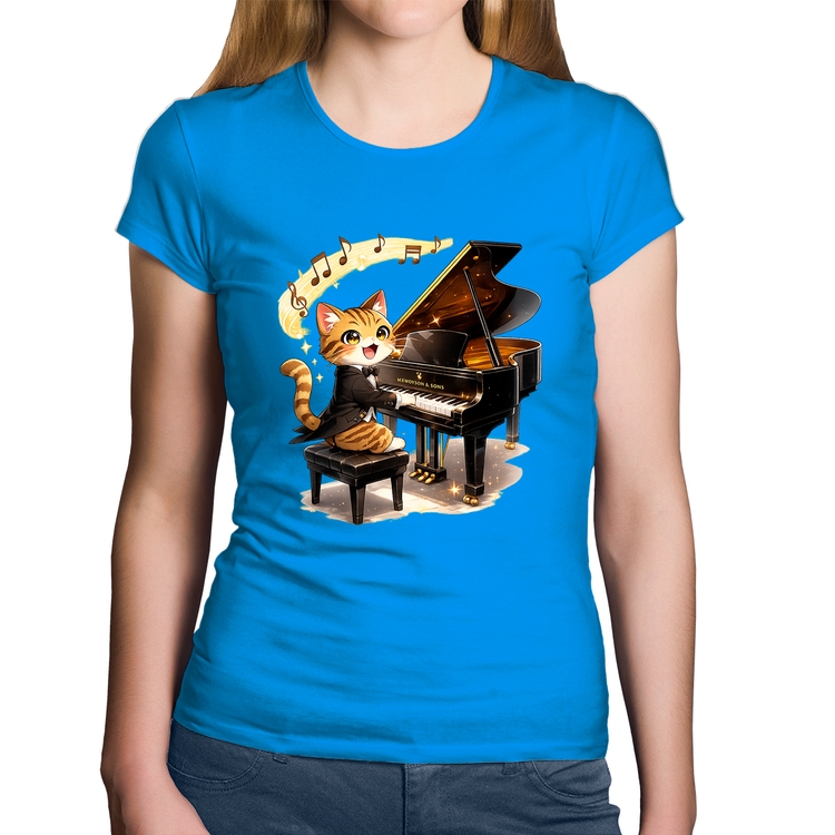 Baby Look Algodão Gato Pianista - Orquestra Animal - Azul