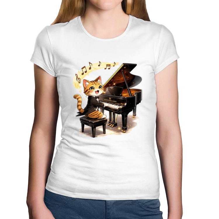 Baby Look Algodão Gato Pianista - Orquestra Animal - Branca