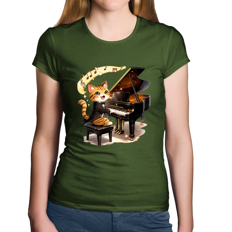 Baby Look Algodão Gato Pianista - Orquestra Animal - Musgo