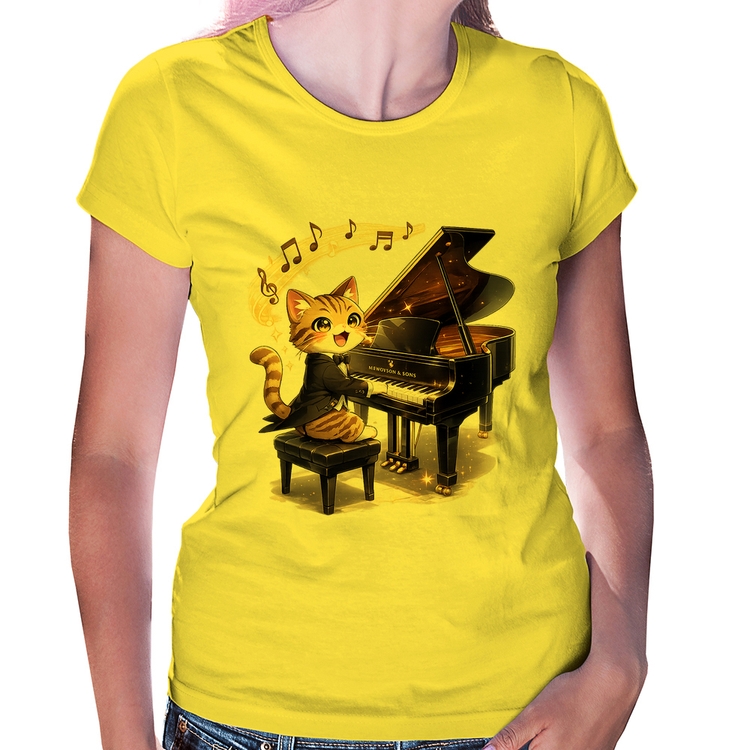 Baby Look Gato Pianista - Orquestra Animal - Amarela