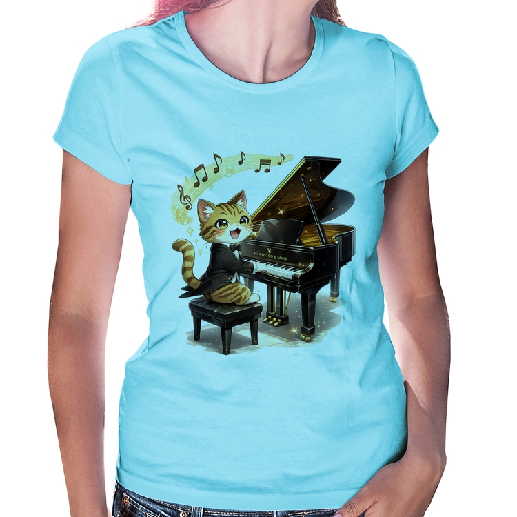 Baby Look Gato Pianista - Orquestra Animal - Azul Bebê