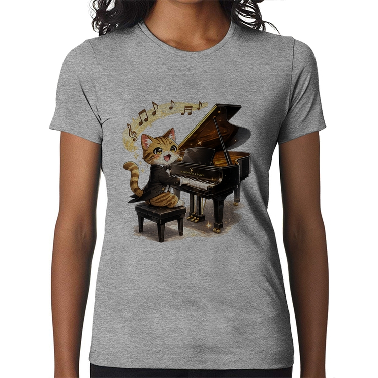 Baby Look Gato Pianista - Orquestra Animal - Cinza
