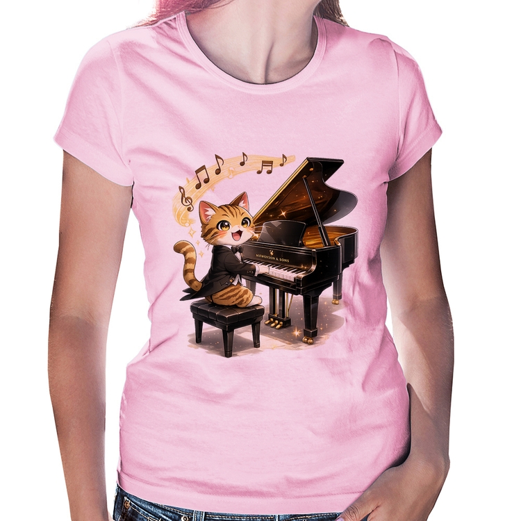 Baby Look Gato Pianista - Orquestra Animal - Rosa Bebê