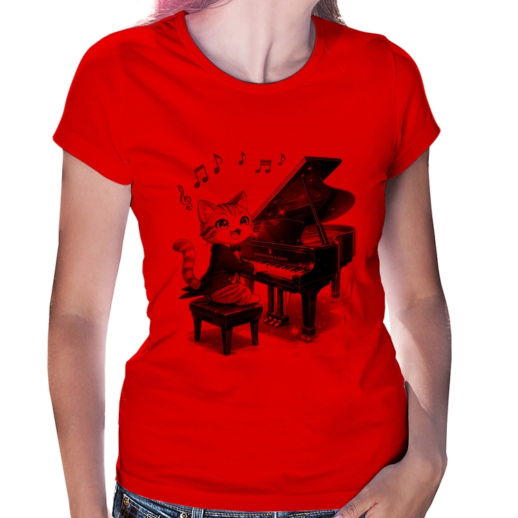 Baby Look Gato Pianista - Orquestra Animal - Vermelha