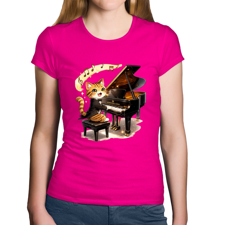 Baby Look Algodão Gato Pianista - Orquestra Animal - Rosa