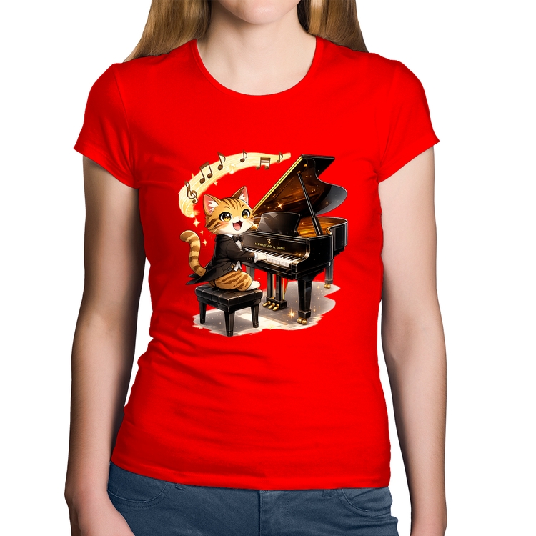 Baby Look Algodão Gato Pianista - Orquestra Animal - Vermelha