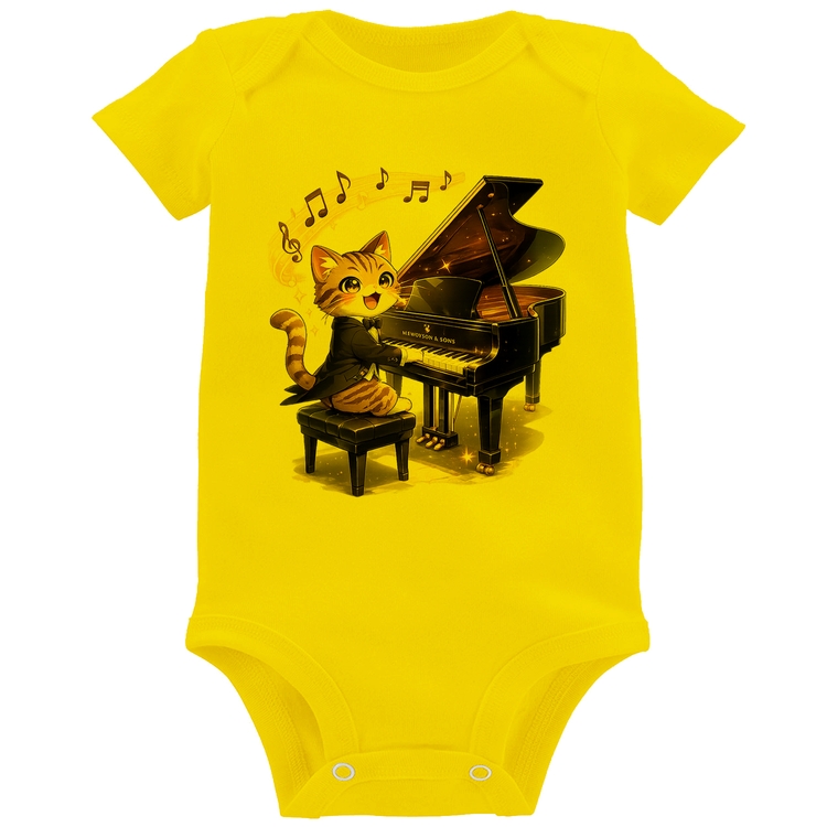 Body Bebê Gato Pianista - Orquestra Animal - Amarelo