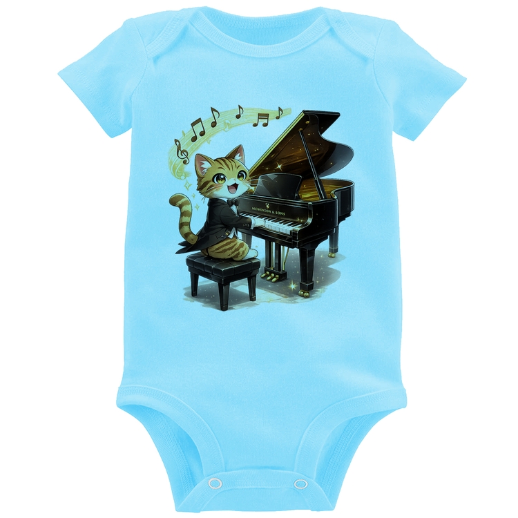 Body Bebê Gato Pianista - Orquestra Animal - Azul Bebê