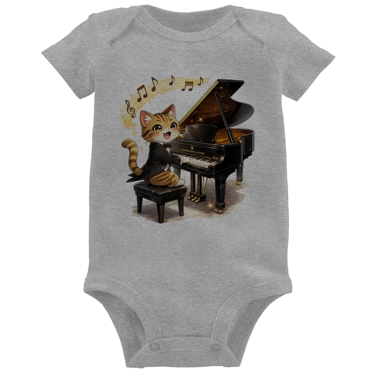 Body Bebê Gato Pianista - Orquestra Animal - Cinza