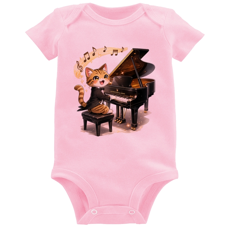 Body Bebê Gato Pianista - Orquestra Animal - Rosa Bebê