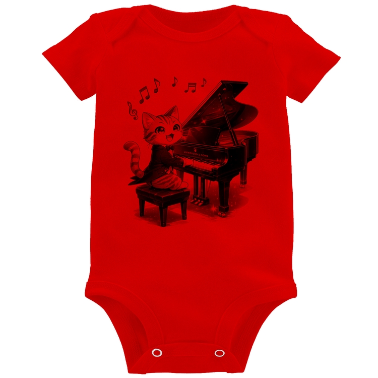 Body Bebê Gato Pianista - Orquestra Animal - Vermelho