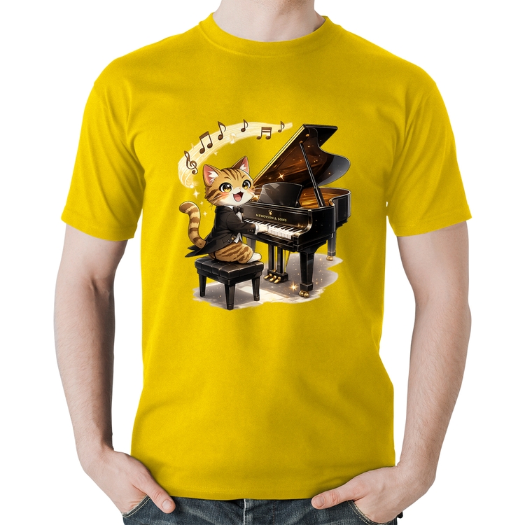 Camiseta Algodão Gato Pianista - Orquestra Animal - Amarela