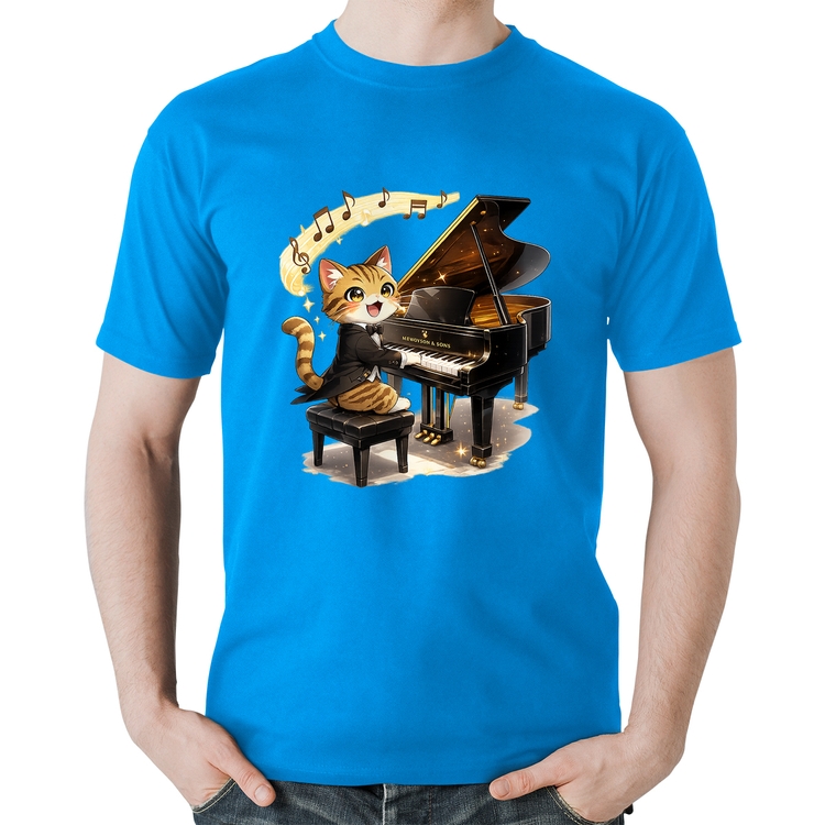 Camiseta Algodão Gato Pianista - Orquestra Animal - Azul