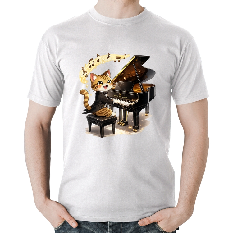 Camiseta Algodão Gato Pianista - Orquestra Animal - Branca
