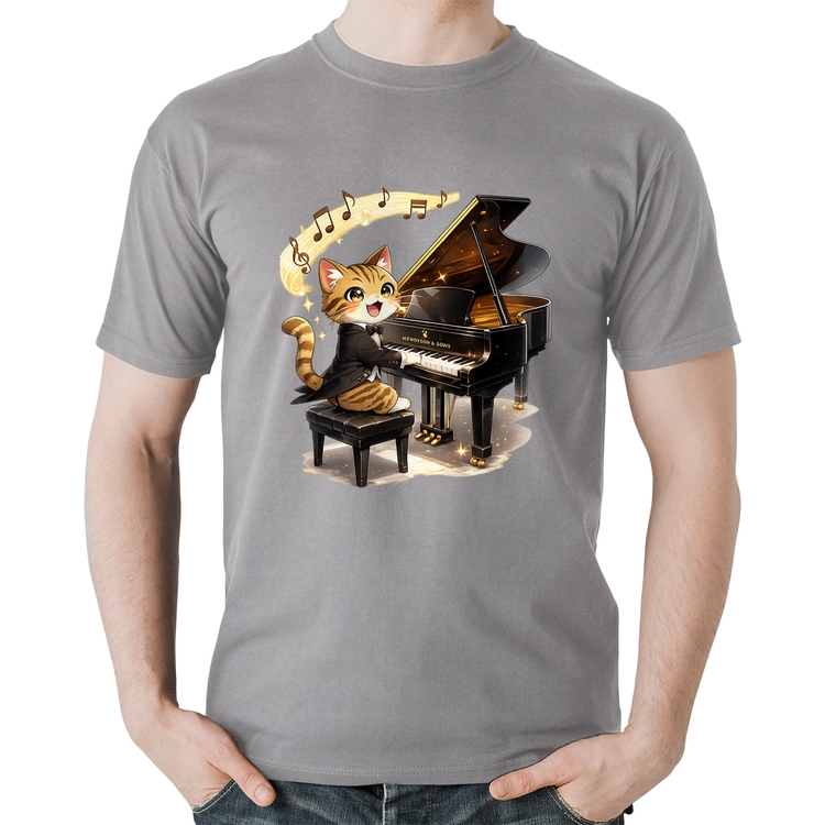 Camiseta Algodão Gato Pianista - Orquestra Animal - Cinza