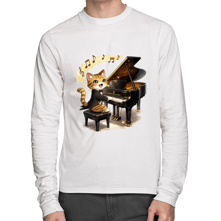 Camiseta Algodão Gato Pianista - Orquestra Animal Manga Longa - Branca