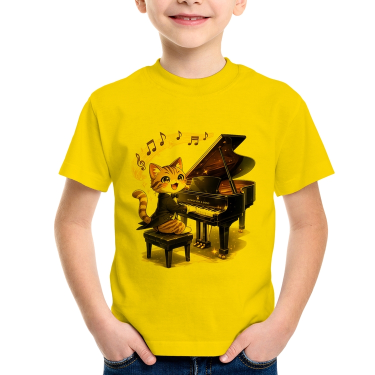 Camiseta Infantil Gato Pianista - Orquestra Animal - Amarela