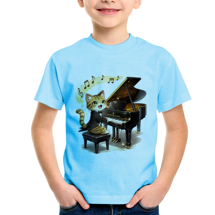 Camiseta Infantil Gato Pianista - Orquestra Animal - Azul Bebê