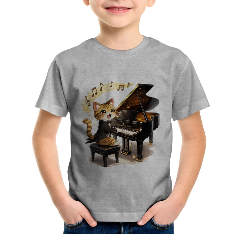 Camiseta Infantil Gato Pianista - Orquestra Animal - Cinza