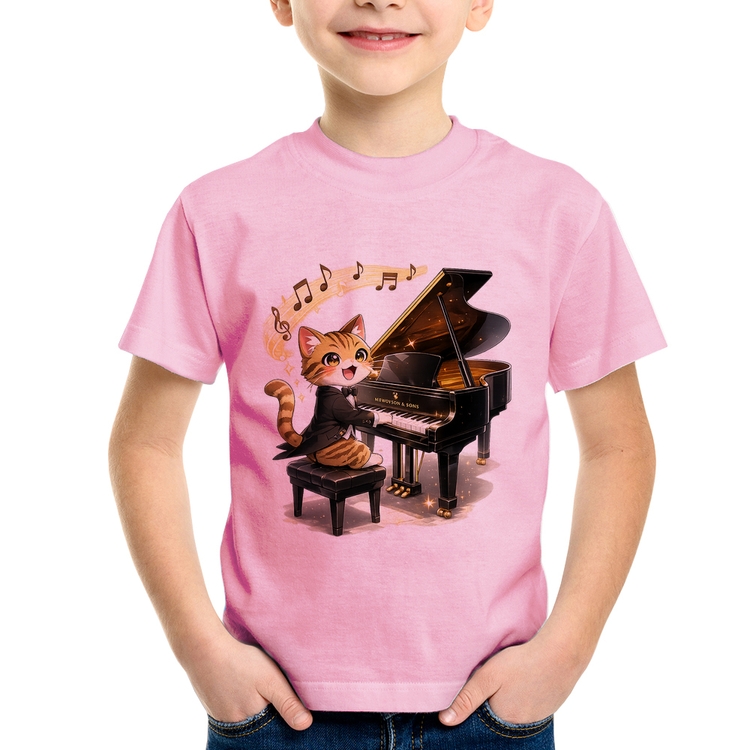 Camiseta Infantil Gato Pianista - Orquestra Animal - Rosa Bebê