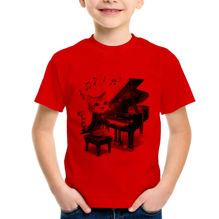 Camiseta Infantil Gato Pianista - Orquestra Animal - Vermelha