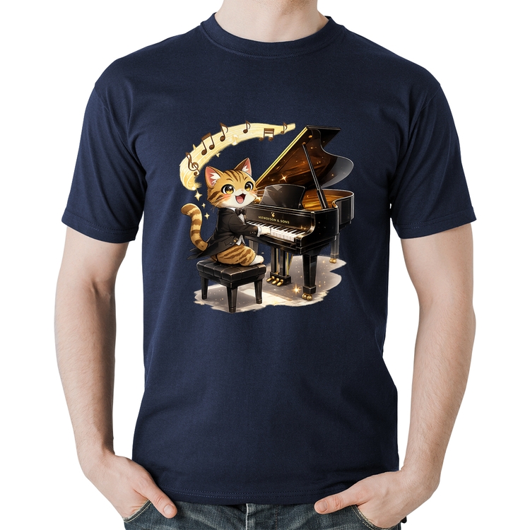 Camiseta Algodão Gato Pianista - Orquestra Animal - Marinho